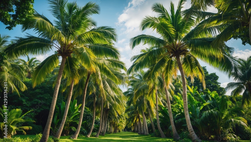 Lush Tropical Palm Trees Creating a Serene Green Pathway Amidst Vibrant Foliage Under Clear Blue Skies Lush Tropical Palm Trees Creating a Serene Green Pathway Amidst Vibrant Foliage Under Clear Blue Skies