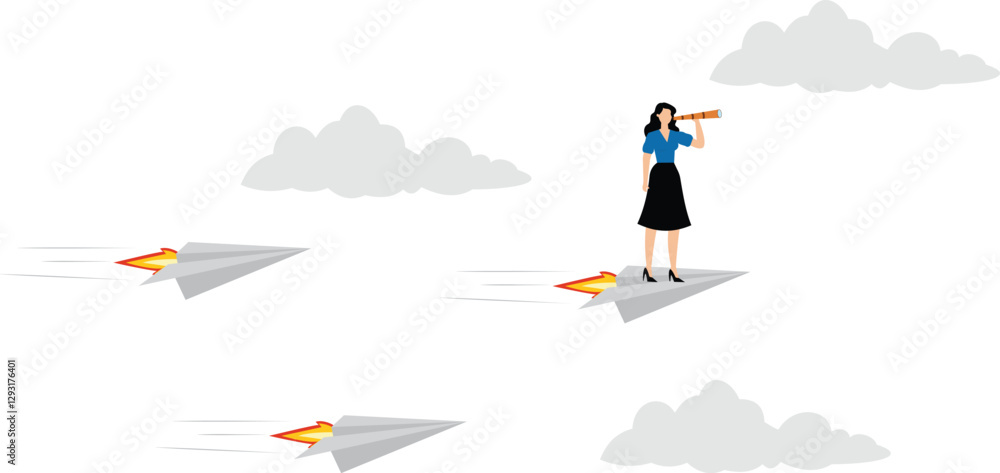 Fototapeta premium Business leadership concept. Confident businesswoman forecasting strategy solution with spyglass flying on paper planes. teamwork, growth and progress to be success