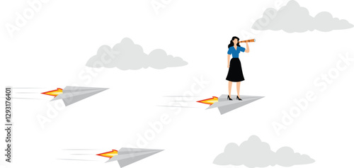 Business leadership concept. Confident businesswoman forecasting strategy solution with spyglass flying on paper planes. teamwork, growth and progress to be success