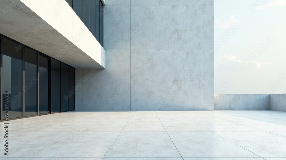 Obraz premium Modern minimalist building exterior showcasing sleek glass windows and expansive concrete terrace under a bright sky