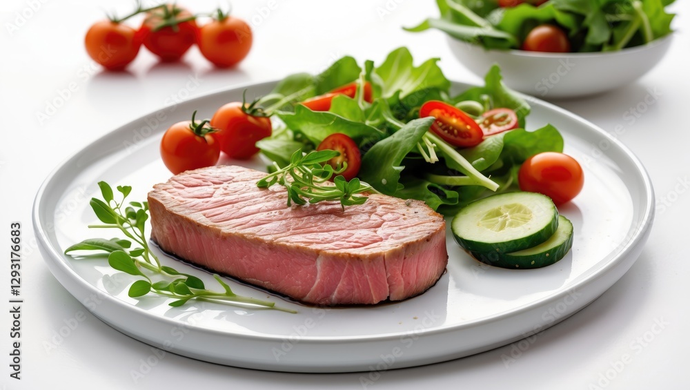 Fresh Tuna Steak Accompanied by Mixed Salad and Cherry Tomatoes on a Clean White Plate for Healthy Eating Concept Fresh Tuna Steak Accompanied by Mixed Salad and Cherry Tomatoes on a Clean White Plate for Healthy Eating Concept