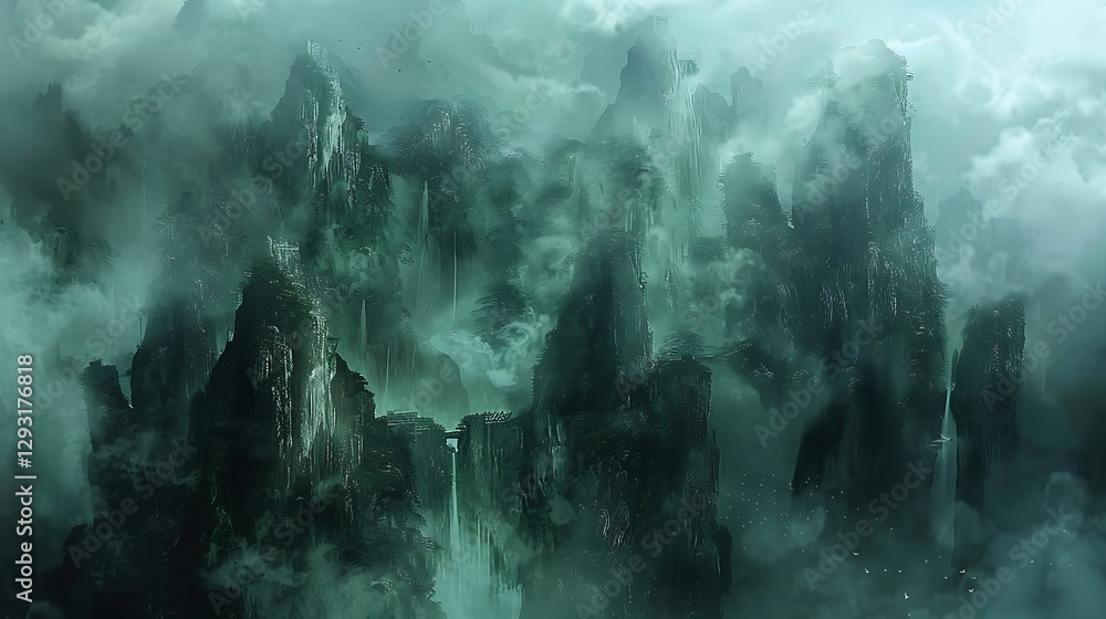 Fototapeta premium Ethereal Mountain Landscape with Mist and Waterfalls in a Dreamy Green Hue