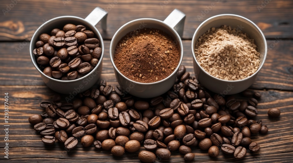 Fototapeta premium Coffee ingredients displayed in three cups on a wooden surface including whole beans, ground coffee and coffee powder