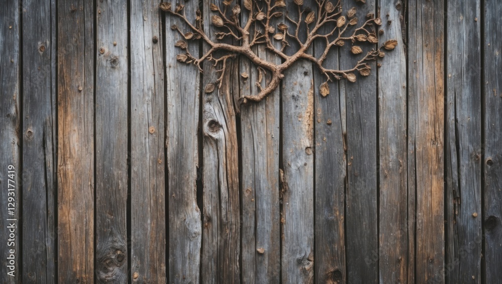 Weathered wooden wall texture with natural patterns and a decorative tree design for rustic or vintage themed backgrounds. Weathered wooden wall texture with natural patterns and a decorative tree design for rustic or vintage themed backgrounds.