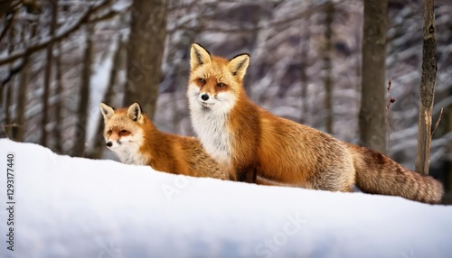 Charming Foxes Frolicking in Winter Wonderland A Scenic Snowy Landscape of Zao Fox Village, Miyagi, Japan at Dusk photo