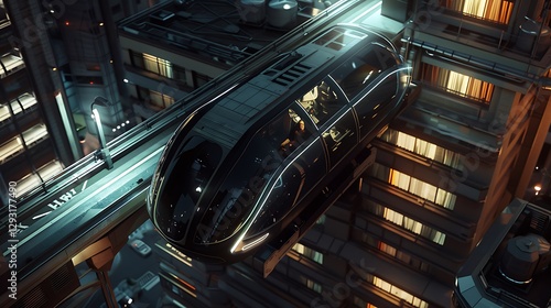 Futuristic Cityscape with High-Tech Vehicle Driving Through Neon Skyways