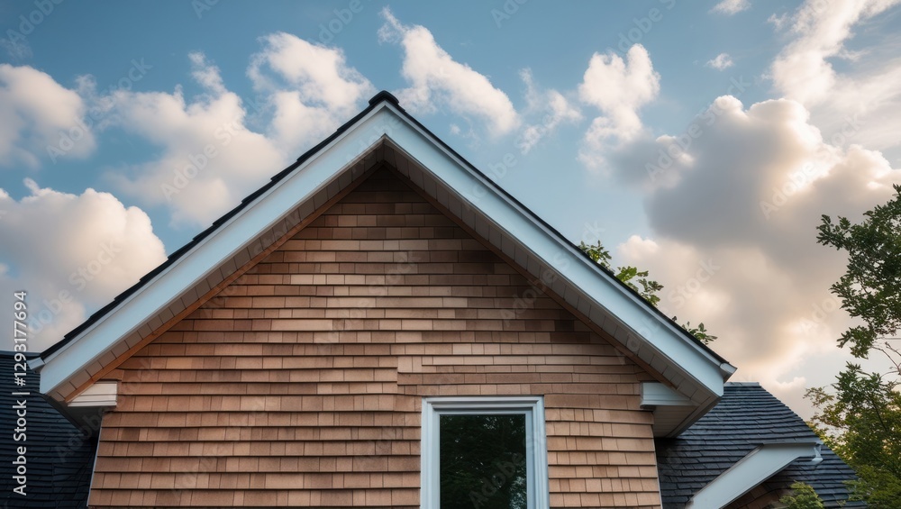 Gable roof design with cedar shingles against a backdrop of blue sky and fluffy clouds showcasing architectural beauty and tranquility. Gable roof design with cedar shingles against a backdrop of blue sky and fluffy clouds showcasing architectural beauty and tranquility.