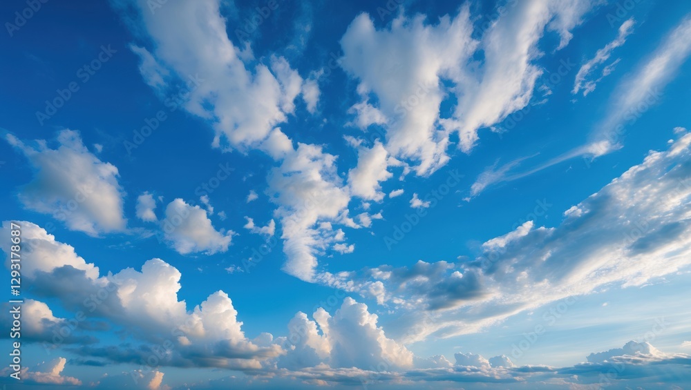 Fototapeta premium Vibrant blue sky filled with fluffy white clouds creating a serene and picturesque background for nature or outdoor themed projects.