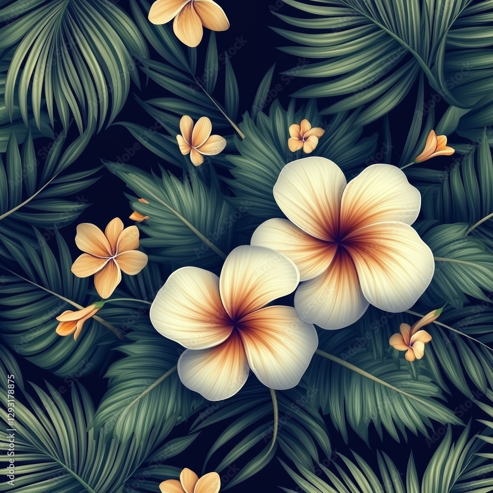 Fototapeta premium A contemporary tropical pattern with seamless, digitally drawn palm tree leaves and jungle flowers, ideal for use in textiles, gift wrap, and wallpaper designs