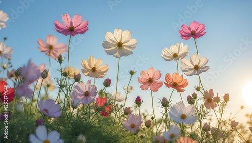 Wallpaper Mural Delicate Cosmos Flowers Bathed in Sunlight Against a Clear Blue Sky with Ample Copy Space for Text or Graphic Elements Torontodigital.ca