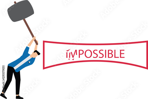 Business man smashed with a hammer to destroy impossible to possible, mindset concept, efficiency at work, successful management