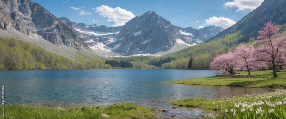 Fototapeta premium Serene Mountain Lake Landscape in Spring with Blooming Trees and Lush Greenery Under Clear Blue Sky and Copy Space for Text