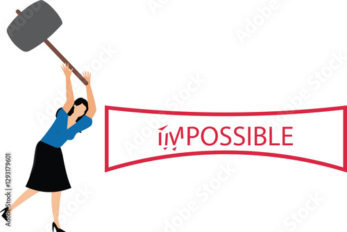 Business woman smashed with a hammer to destroy impossible to possible, mindset concept, efficiency at work, successful management
