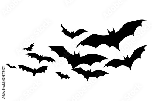 black silhouette group of Halloween bats on white background