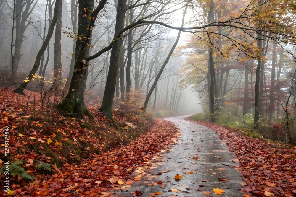Fototapeta premium Misty Fall Forest Walk – Serene Rainy Pathway Covered in Golden Leaves