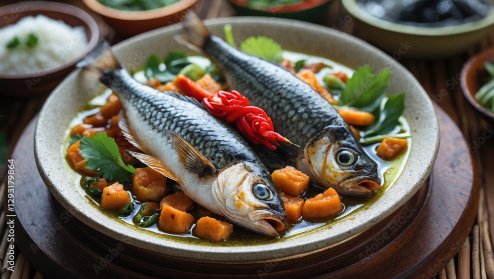 Sour and Spicy Fish Dish with Fresh Herbs and Vegetables in Traditional Ceramic Bowl Sour and Spicy Fish Dish with Fresh Herbs and Vegetables in Traditional Ceramic Bowl