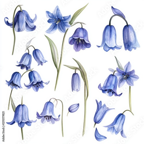 A lovely set of watercolor bellflower stock illustrations. Artistically hand-drawn harebell floral clip art with blue flowers isolated