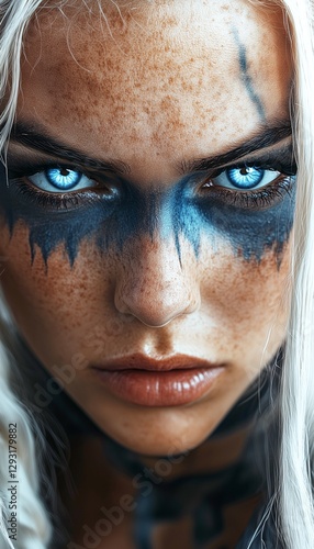 Viking woman shield maiden glowing blue eyes warrior woman blue paint blond hair dirty freckles 