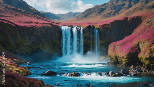 Scenic Steall Fall Waterfall in Scottish Highlands Surrounded by Vibrant Flora and Clear Blue Waters with Blank Space for Text photo