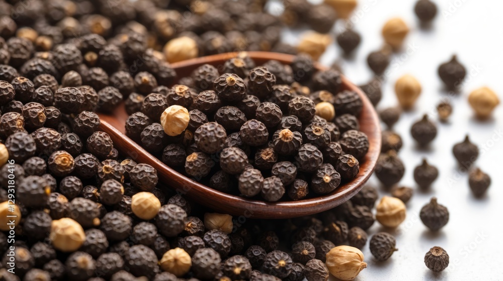 Heap of whole black peppercorns in a wooden spoon with scattered seeds on a white background showcasing the spice's texture and appearance. Heap of whole black peppercorns in a wooden spoon with scattered seeds on a white background showcasing the spice's texture and appearance.