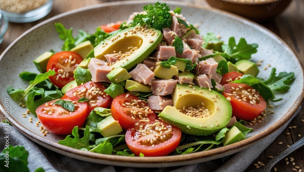 Tuna Avocado Salad with Fresh Tomatoes and Sesame Seeds on a Rustic Plate Ideal for Healthy Meal Promotion Tuna Avocado Salad with Fresh Tomatoes and Sesame Seeds on a Rustic Plate Ideal for Healthy Meal Promotion