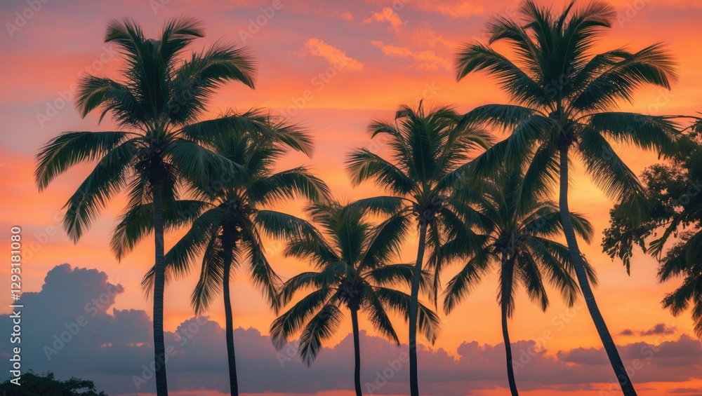 Silhouetted Tropical Palm Trees Against a Vibrant Sunset Sky with Colorful Clouds and Warm Tones Silhouetted Tropical Palm Trees Against a Vibrant Sunset Sky with Colorful Clouds and Warm Tones