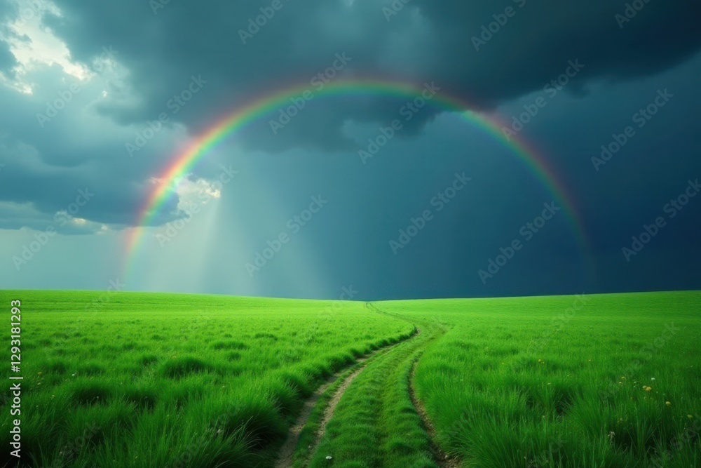 Serene Meadow Path Beckons Under a Vibrant Rainbow Arching Across a Stormy Sky Serene Meadow Path Beckons Under a Vibrant Rainbow Arching Across a Stormy Sky