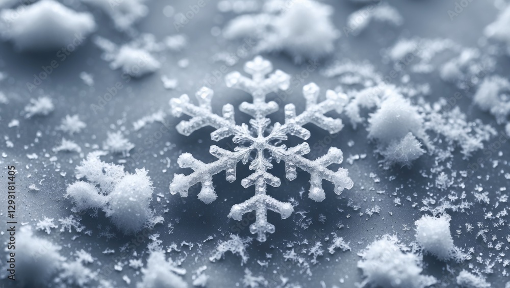 Close-up view of a single delicate snowflake resting on a bed of snow showcasing intricate details and winter beauty. Close-up view of a single delicate snowflake resting on a bed of snow showcasing intricate details and winter beauty.