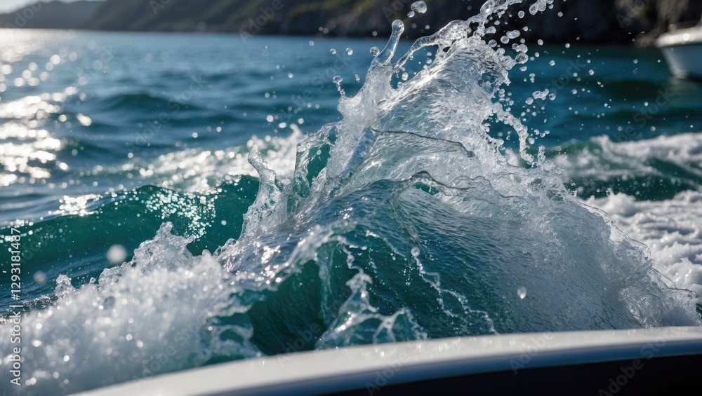 Obraz premium Dynamic splashes of turquoise sea water captured from a speedboat on a sunny day showcasing motion and natural beauty.