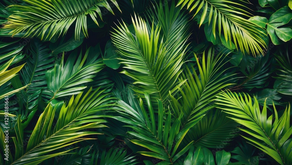 Fototapeta premium Lush Tropical Greenery with Varied Palm Leaves Creating a Vibrant Nature Pattern for Background Use
