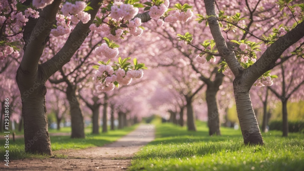 Fototapeta premium Cherry Blossom Pathway in Springtime with Vibrant Pink Blooms and Lush Green Grass Featuring Ample Space for Text Overlay