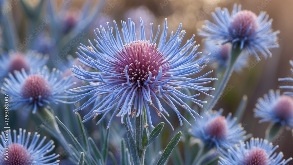 Vibrant statice flowers in bloom showcasing their unique blue and purple hues in a garden setting during golden hour lighting. Vibrant statice flowers in bloom showcasing their unique blue and purple hues in a garden setting during golden hour lighting.