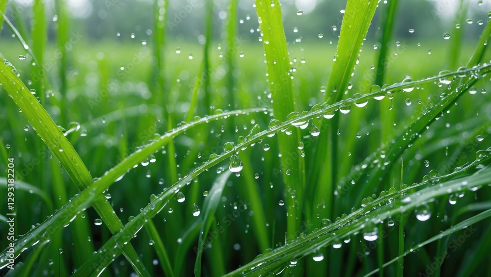 Vibrant close-up of dewy green rice grass in spring, showcasing fresh water droplets enhancing the natural beauty of a lush farm landscape. Vibrant close-up of dewy green rice grass in spring, showcasing fresh water droplets enhancing the natural beauty of a lush farm landscape.