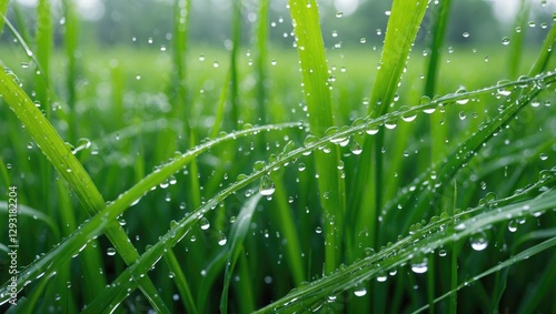 Vibrant close-up of dewy green rice grass in spring, showcasing fresh water droplets enhancing the natural beauty of a lush farm landscape. photo