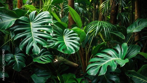 Lush green tropical foliage featuring Philodendron leaves in a vibrant jungle setting showcasing nature's beauty and diversity.
