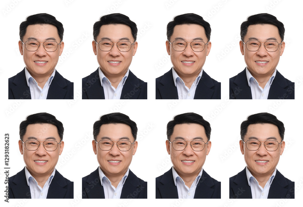 Photo of man for passport or other document on white background, set Photo of man for passport or other document on white background, set