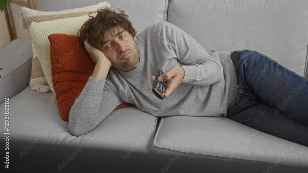 Young man lounging on a sofa with a remote control in hand inside a cozy living room setting, capturing a relaxed moment at home. Young man lounging on a sofa with a remote control in hand inside a cozy living room setting, capturing a relaxed moment at home.