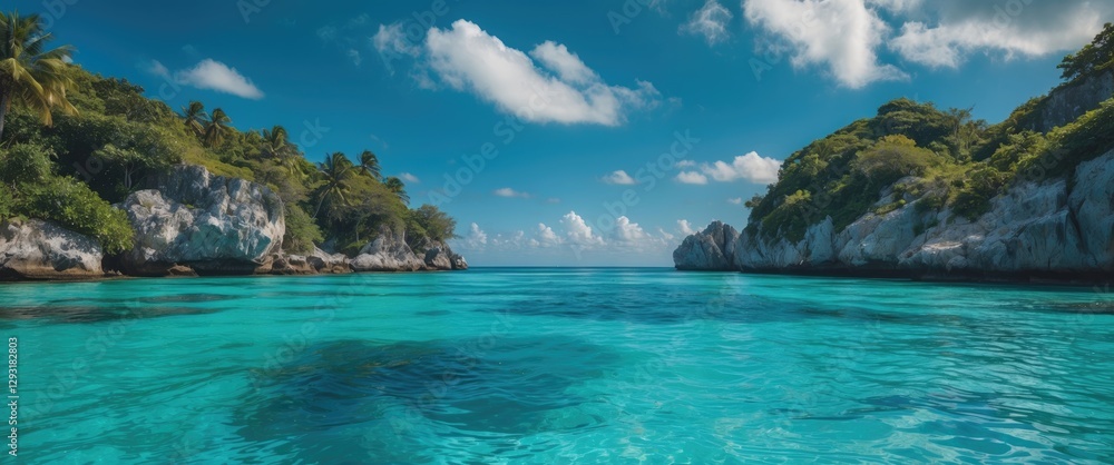 Serene Turquoise Lagoon with Lush Greenery and Clear Skies Ideal for Travel and Relaxation Themes Serene Turquoise Lagoon with Lush Greenery and Clear Skies Ideal for Travel and Relaxation Themes