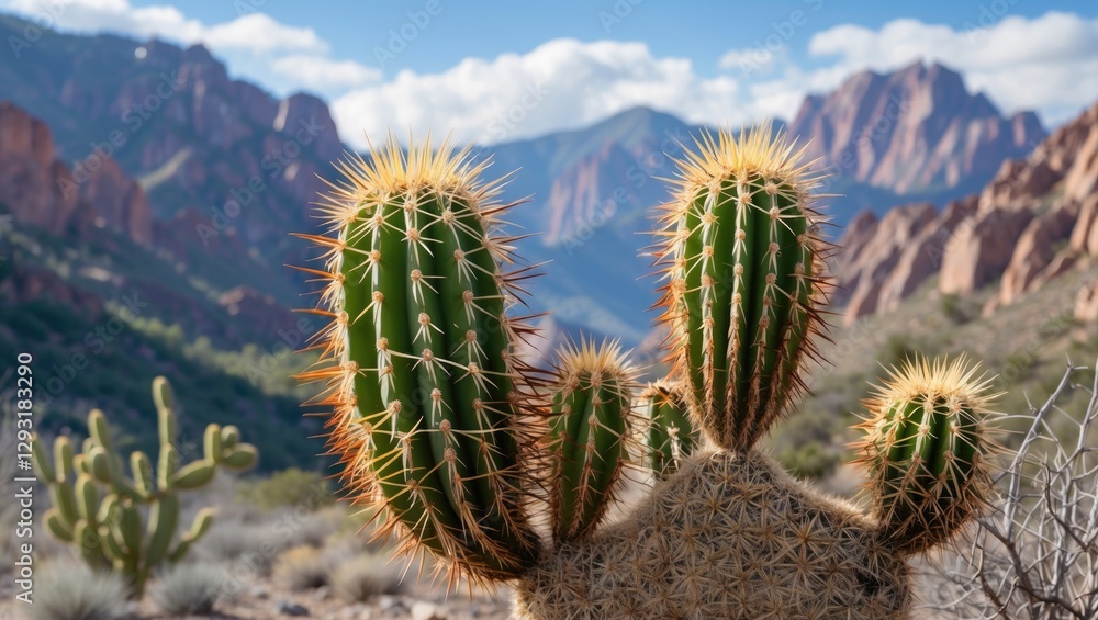 Majestic Spiky Cacti Against Scenic Mountain Landscape With Clear Blue Sky and Dramatic Cloud Formation Majestic Spiky Cacti Against Scenic Mountain Landscape With Clear Blue Sky and Dramatic Cloud Formation