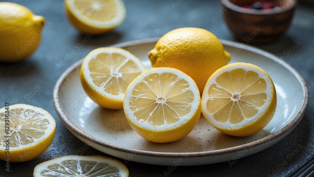 Freshly Sliced Lemons Displayed on a Rustic Plate for Culinary or Beverage Inspirations Freshly Sliced Lemons Displayed on a Rustic Plate for Culinary or Beverage Inspirations
