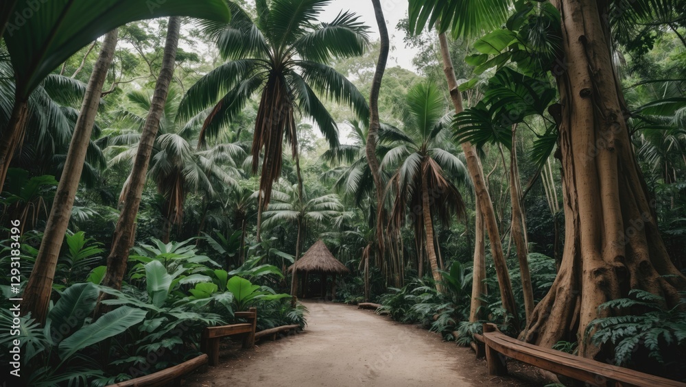 Lush Tropical Rainforest Pathway Surrounded By Large Leaf Trees Ideal For Eco-Friendly Urban Development Concepts Lush Tropical Rainforest Pathway Surrounded By Large Leaf Trees Ideal For Eco-Friendly Urban Development Concepts