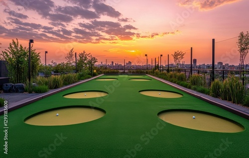 Urban Rooftop Mini Golf at Sunset with City Skyline Background