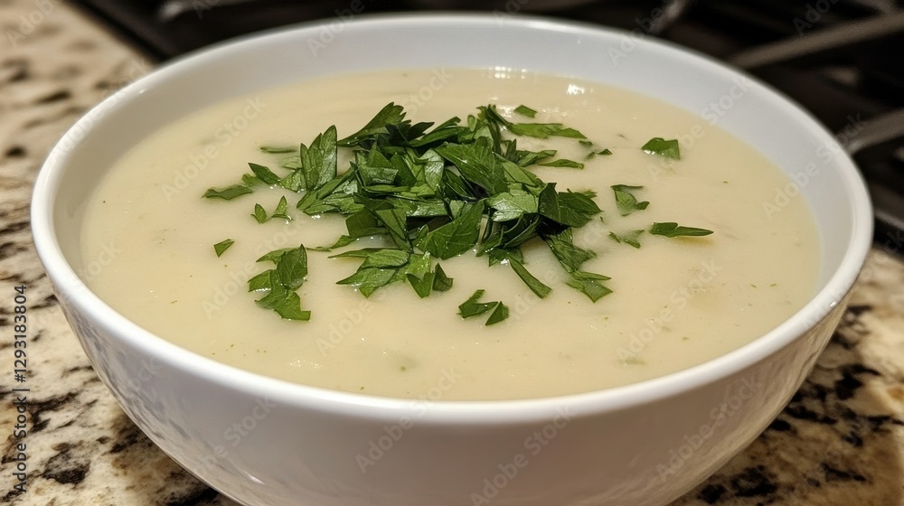 Creamy Vegetable Soup with Fresh Parsley Garnish in White Bowl Creamy Vegetable Soup with Fresh Parsley Garnish in White Bowl
