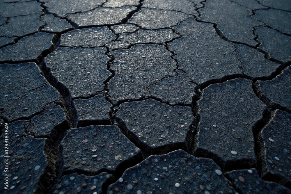 Fototapeta premium Dark Cracked Earth Surface Texture A Detailed Close-Up Showing the Irregular Polygonal Pattern of a Dry, Parched Ground