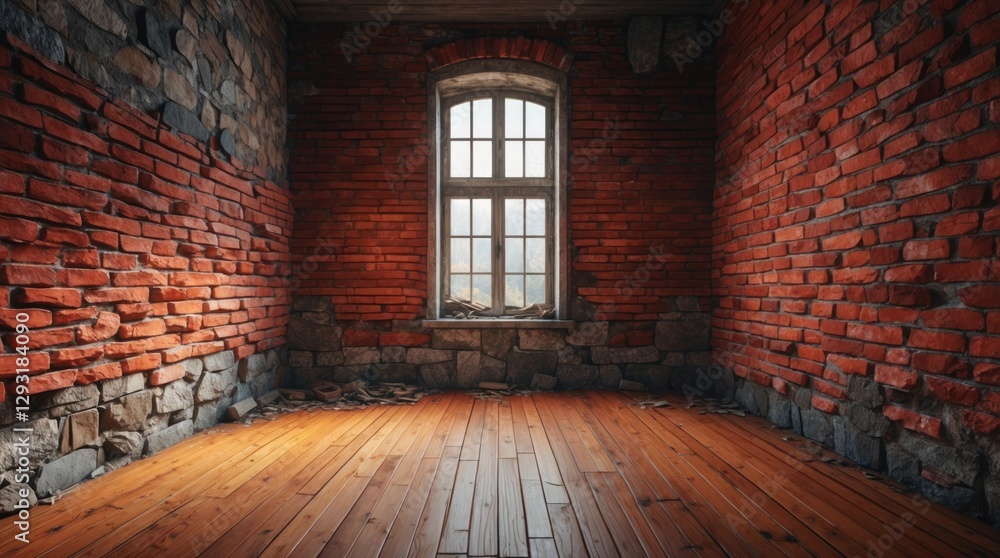 Obraz premium Abandoned interior featuring grungy red brick and stone walls with warm wooden flooring and a vintage window illuminating the space