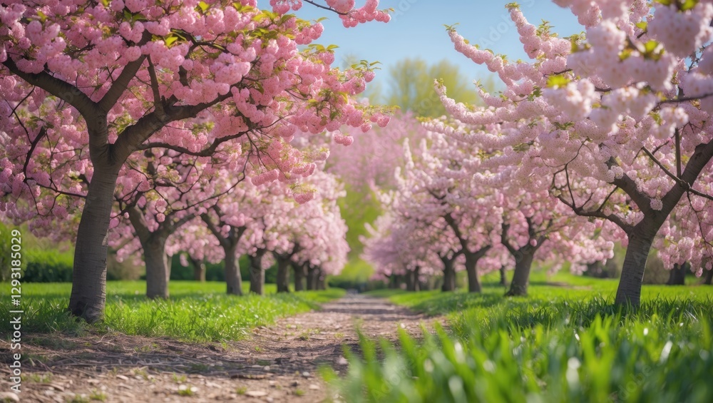 Blossoming Cherry Trees in Springtime with Lush Green Grass and Bright Pink Flowers Framing a Serene Pathway for Text Placement Blossoming Cherry Trees in Springtime with Lush Green Grass and Bright Pink Flowers Framing a Serene Pathway for Text Placement