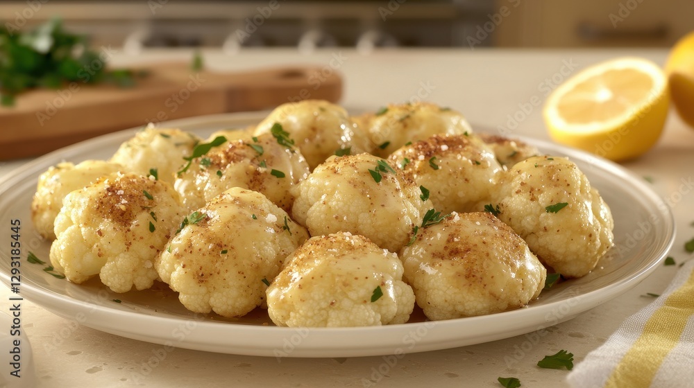 Delicious Cauliflower Bites with Lemon and Herbs on a Plate Delicious Cauliflower Bites with Lemon and Herbs on a Plate