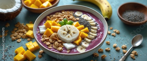 Wallpaper Mural Vibrant Smoothie Bowl with Fresh Fruits, Granola, and Chia Seeds on a Textured Background Ideal for Healthy Eating Concepts. Torontodigital.ca