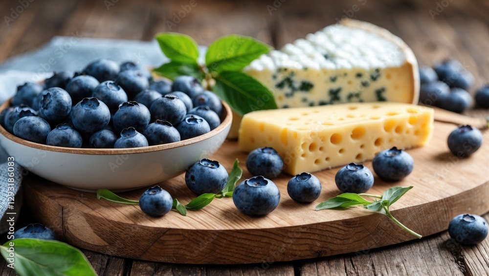 Fresh Blueberries and Assorted Cheeses on Wooden Board with Green Leaves and Empty Space for Text in Natural Setting Fresh Blueberries and Assorted Cheeses on Wooden Board with Green Leaves and Empty Space for Text in Natural Setting