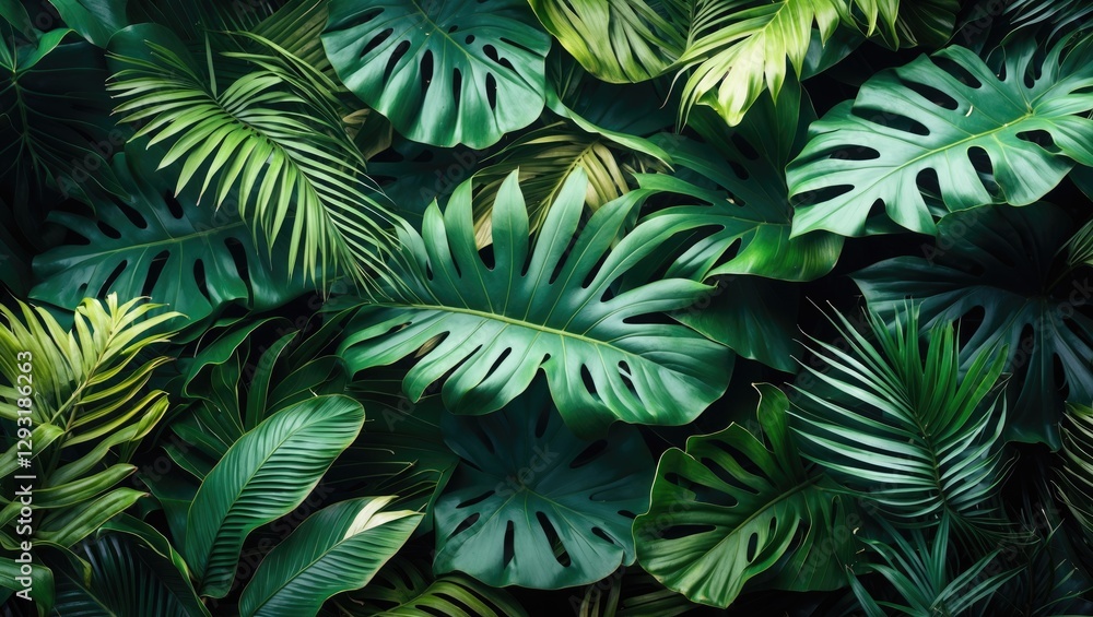 Lush Tropical Foliage Background with Diverse Green Leaves Creating a Vibrant Nature Scene Lush Tropical Foliage Background with Diverse Green Leaves Creating a Vibrant Nature Scene